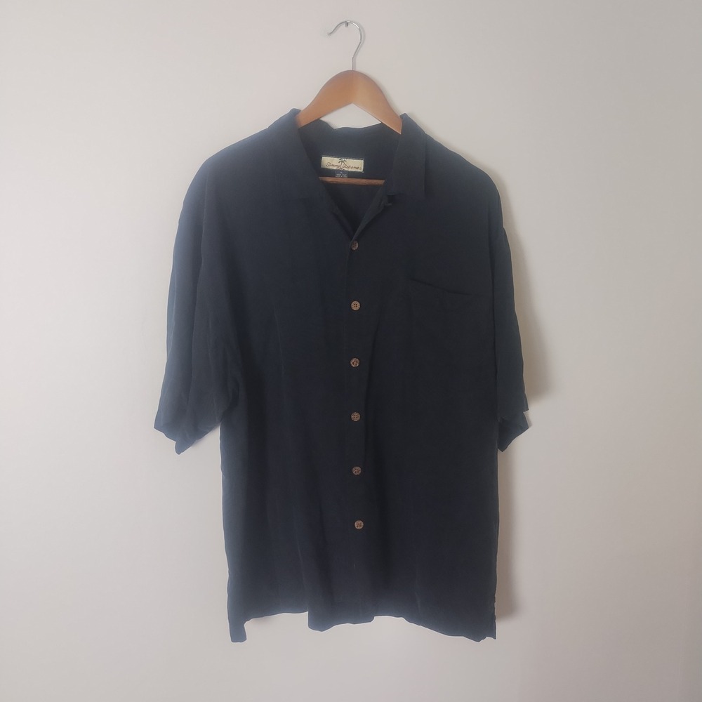 Tommy Bahama Silk Button Up Shirt Mens XL Black Tropical Jacquard Camp Resort